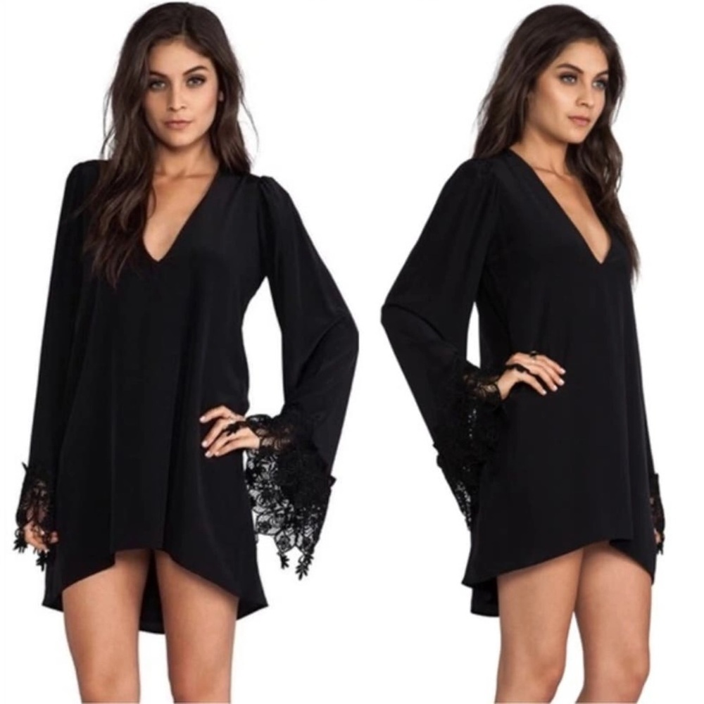 Black Lace-Trim V-Neck Shift Dress -